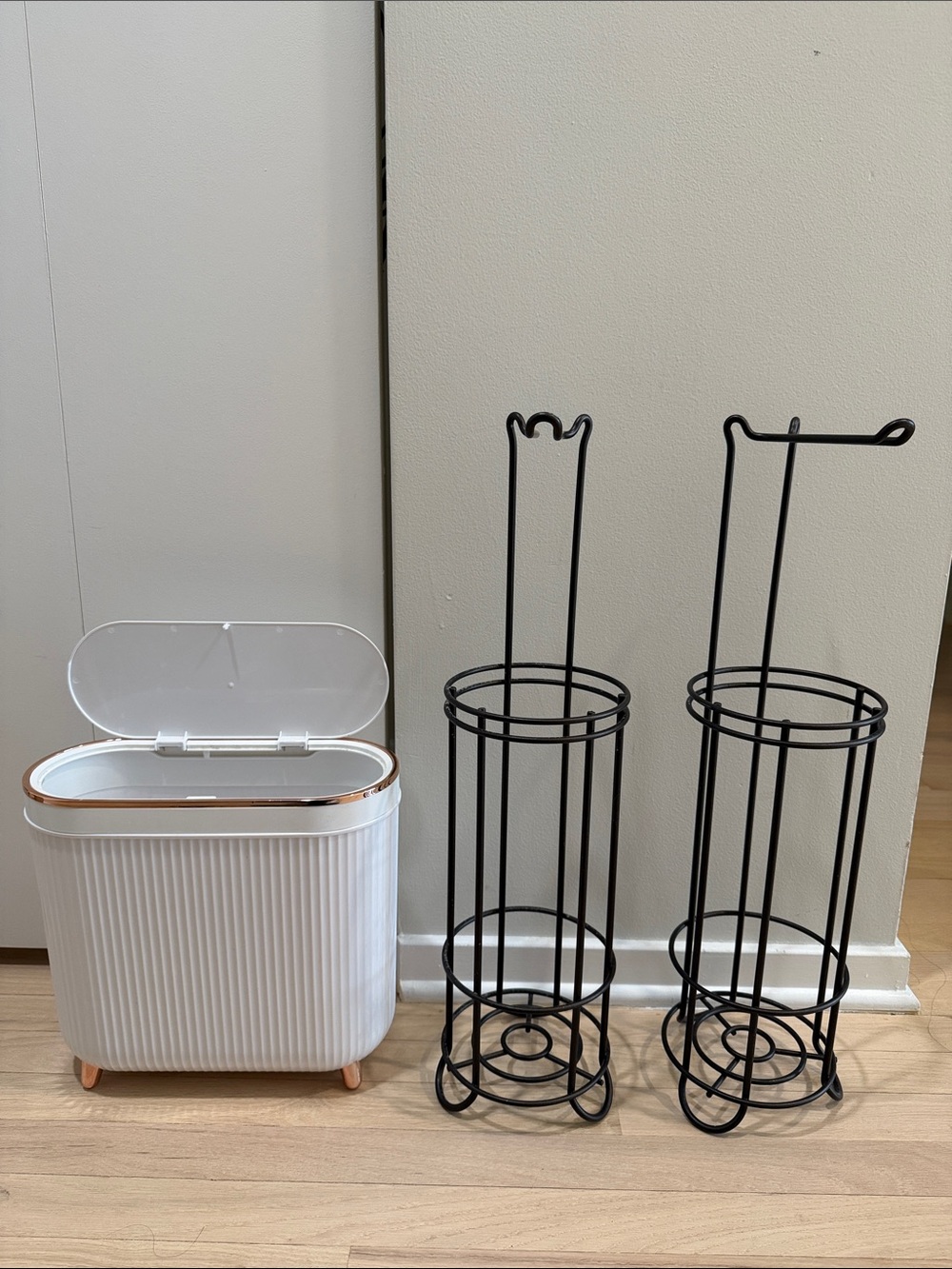 White & Rose Gold Trash Can with Metal Toilet Paper Holders